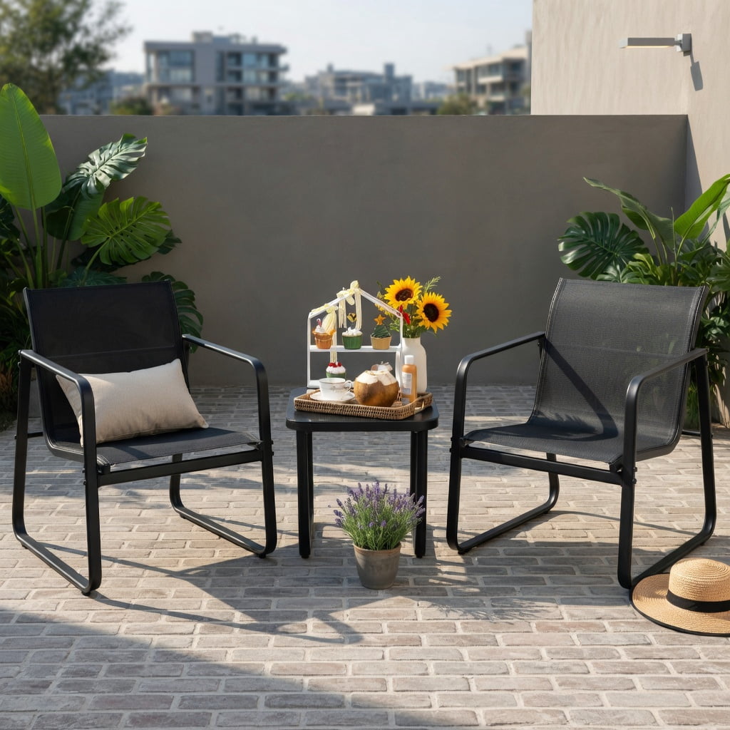 Hommoo 3-Piece Steel Patio Bistro Set with Tempered Glass Table, Modern Outdoor Dining Chairs & Coffee Table for Deck, Garden, Balcony & Poolside, Black