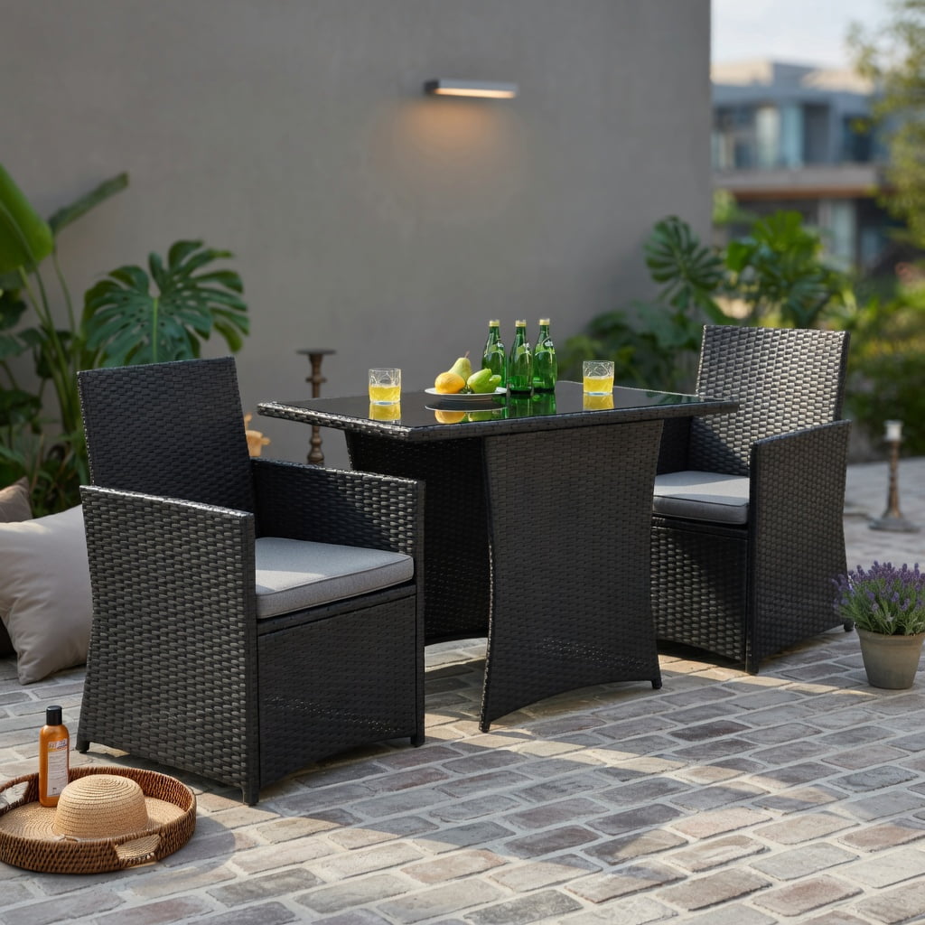 Hommoo 3-Piece Weather-Resistant PE Rattan Patio Furniture Set, Steel Frame, Tempered Glass Table & Ergonomic Armchairs with Removable Cushions, Gray