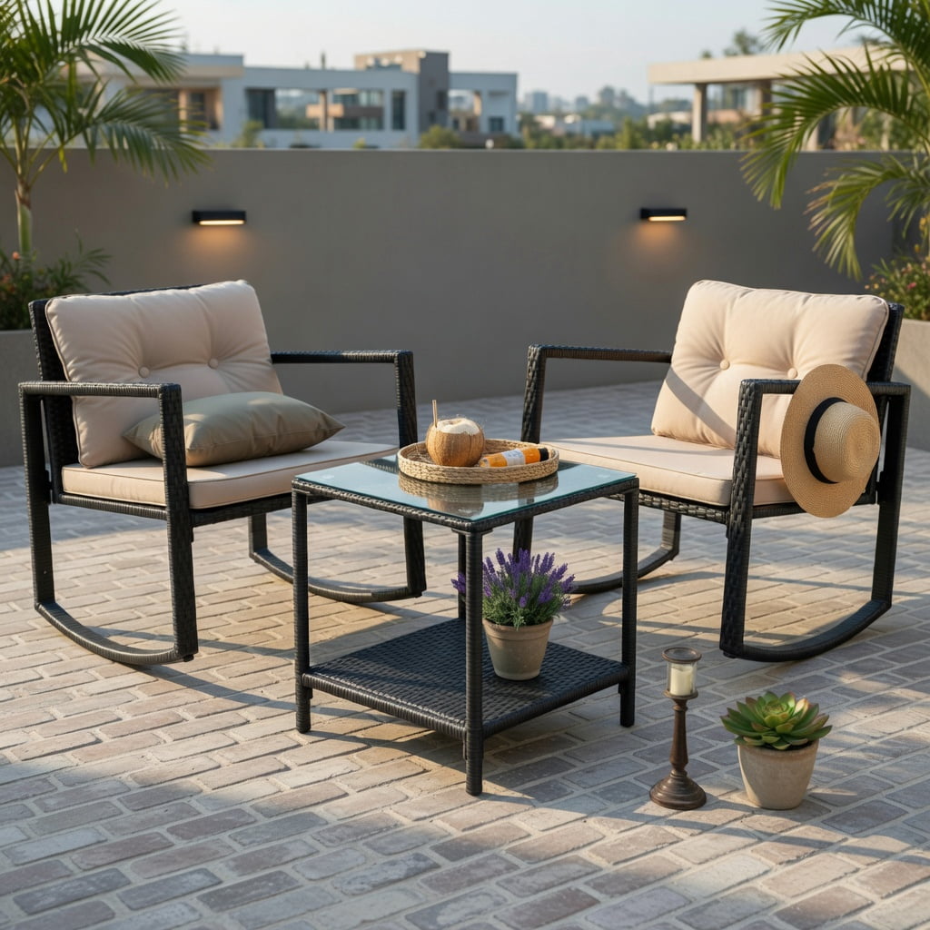 Hommoo 3-Piece Wicker Rocking Bistro Set, Outdoor Patio Chairs + Tempered Glass Coffee Table with Storage Shelf, Brown