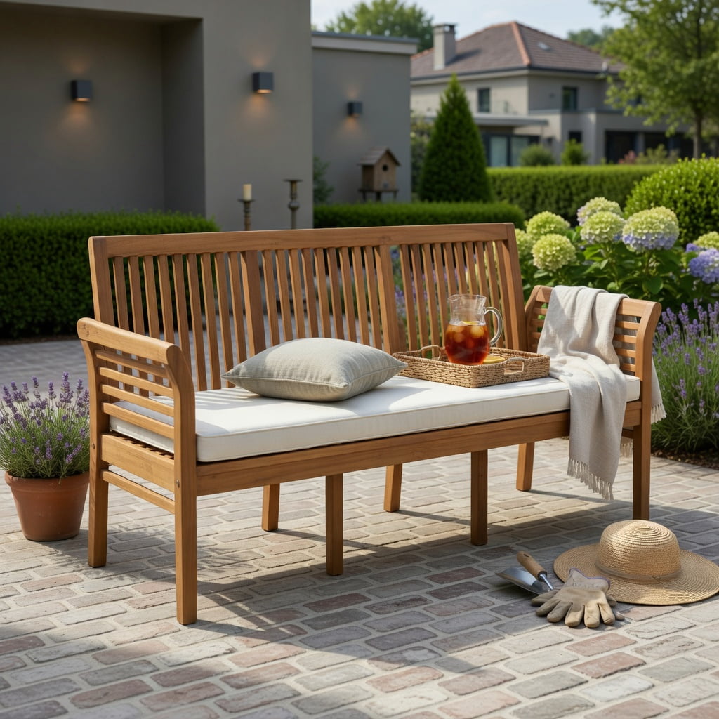 Hommoo 3-Seat Acacia Wood Patio Bench with Off-White Cushions, 62.5" Outdoor Garden Bench for Backyard, Porch & Deck, Natural