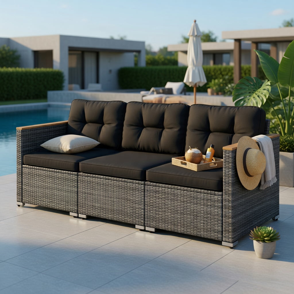 Hommoo 3-Seat PE Rattan Patio Sofa Set with Deep Seating, Removable Cushions & Acacia Wood Frame, Woven Outdoor Loveseat for Deck, Porch, Backyard, Black