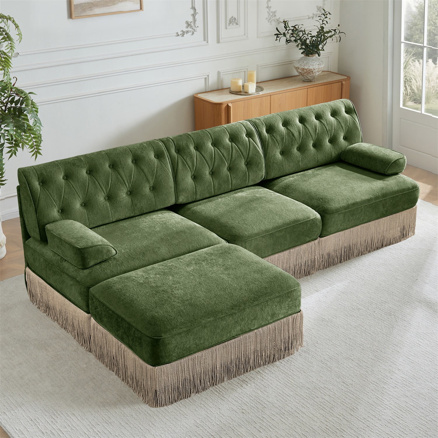 Hommoo 3-Seater Chesterfield Style Velvet Fabric L-Shaped Sectional Sofa, Tufted Button Upholstered Design and Floor-grazing Tassel, Free Combination Sofa Couch Set, for Home, Green