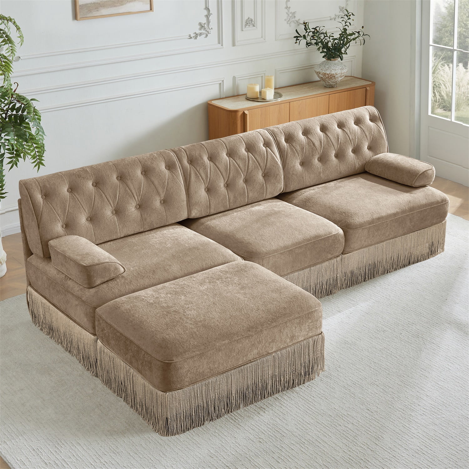 Hommoo 3-Seater Chesterfield Style Velvet Fabric L-Shaped Sectional Sofa, Tufted Button Upholstered Design and Floor-grazing Tassel, Free Combination Sofa Couch Set, for Home, Camel