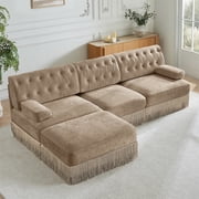 Hommoo 3-Seater Chesterfield Style Velvet Fabric L-Shaped Sectional Sofa, Tufted Button Upholstered Design and Floor-grazing Tassel, Free Combination Sofa Couch Set, for Home, Camel