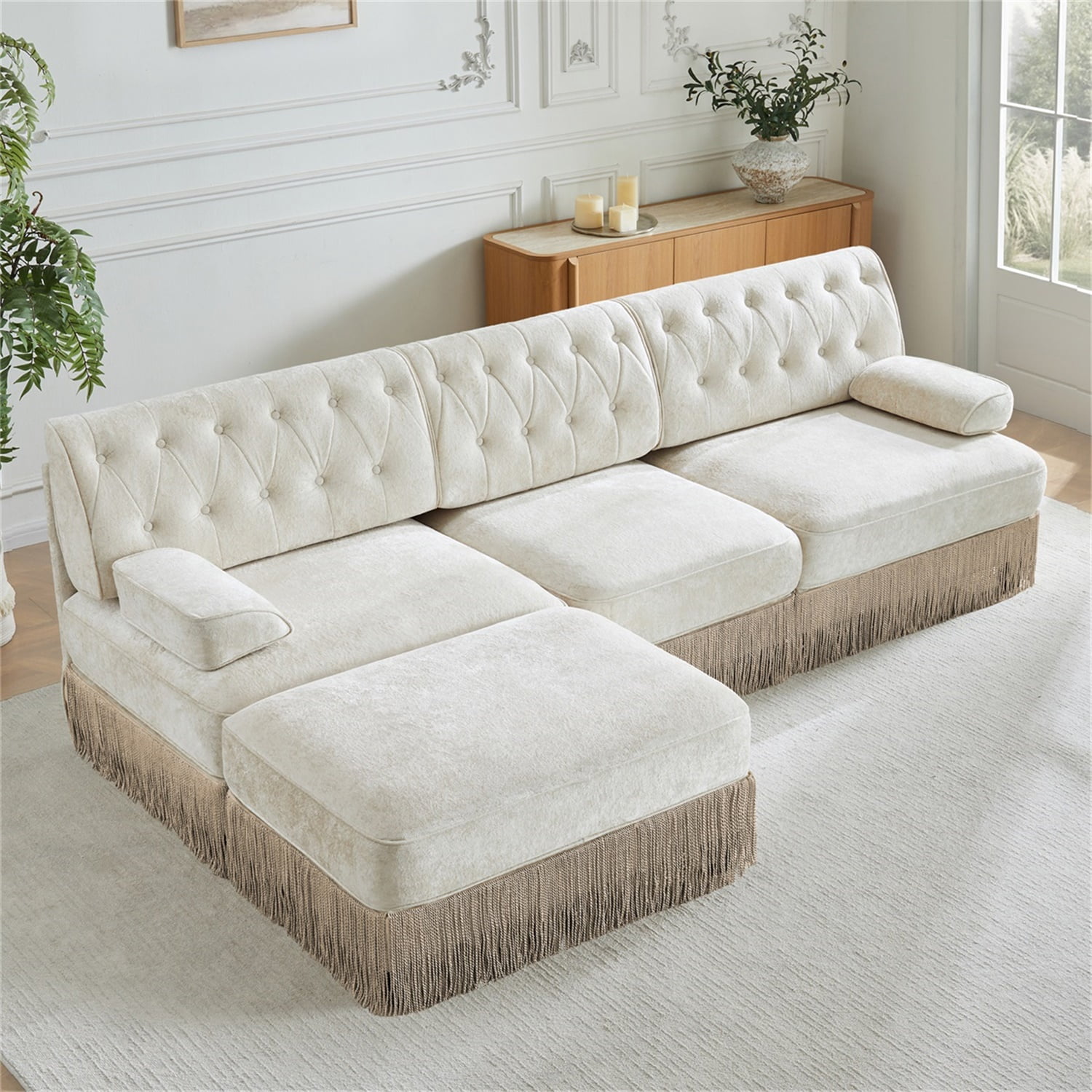Hommoo 3-Seater Chesterfield Style Velvet Fabric L-Shaped Sectional Sofa, Tufted Button Upholstered Design and Floor-grazing Tassel, Free Combination Sofa Couch Set, for Home, Beige