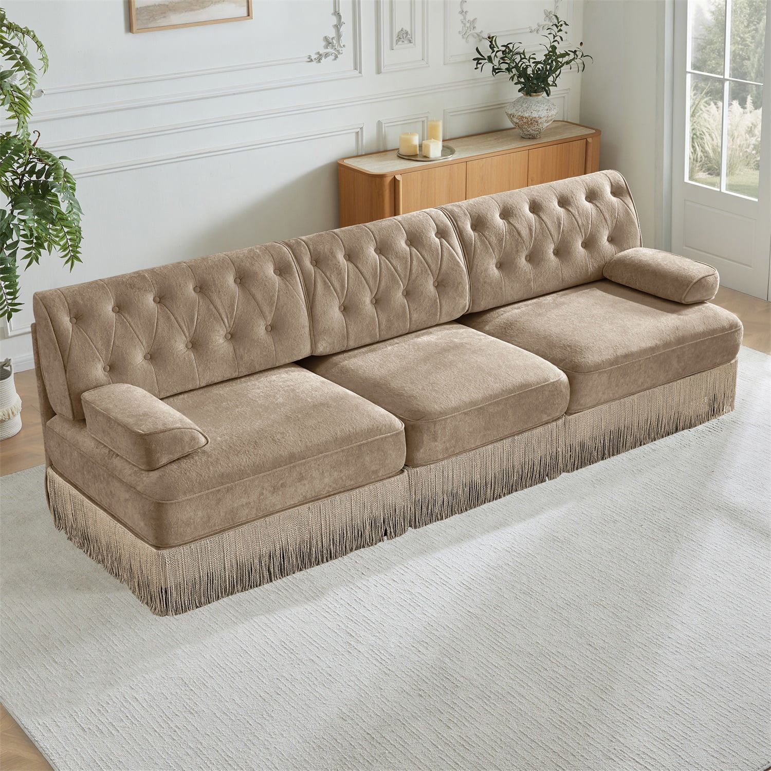 Hommoo 3-Seater Chesterfield Style Velvet Fabric Sofa Couch set, Tufted Button Upholstered Design and Floor-grazing Tassel, Free Combination Sectional Sofa, for Home, Camel