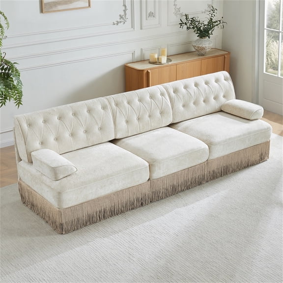 Hommoo 3-Seater Chesterfield Style Velvet Fabric Sofa Couch set, Tufted Button Upholstered Design and Floor-grazing Tassel, Free Combination Sectional Sofa, for Home, Beige