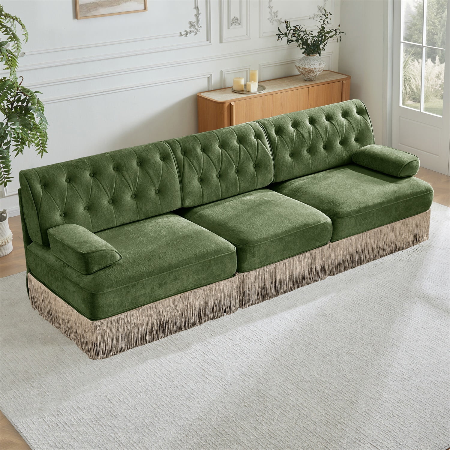 Hommoo 3-Seater Chesterfield Style Velvet Fabric Sofa Couch set, Tufted Button Upholstered Design and Floor-grazing Tassel, Free Combination Sectional Sofa, for Home, Green