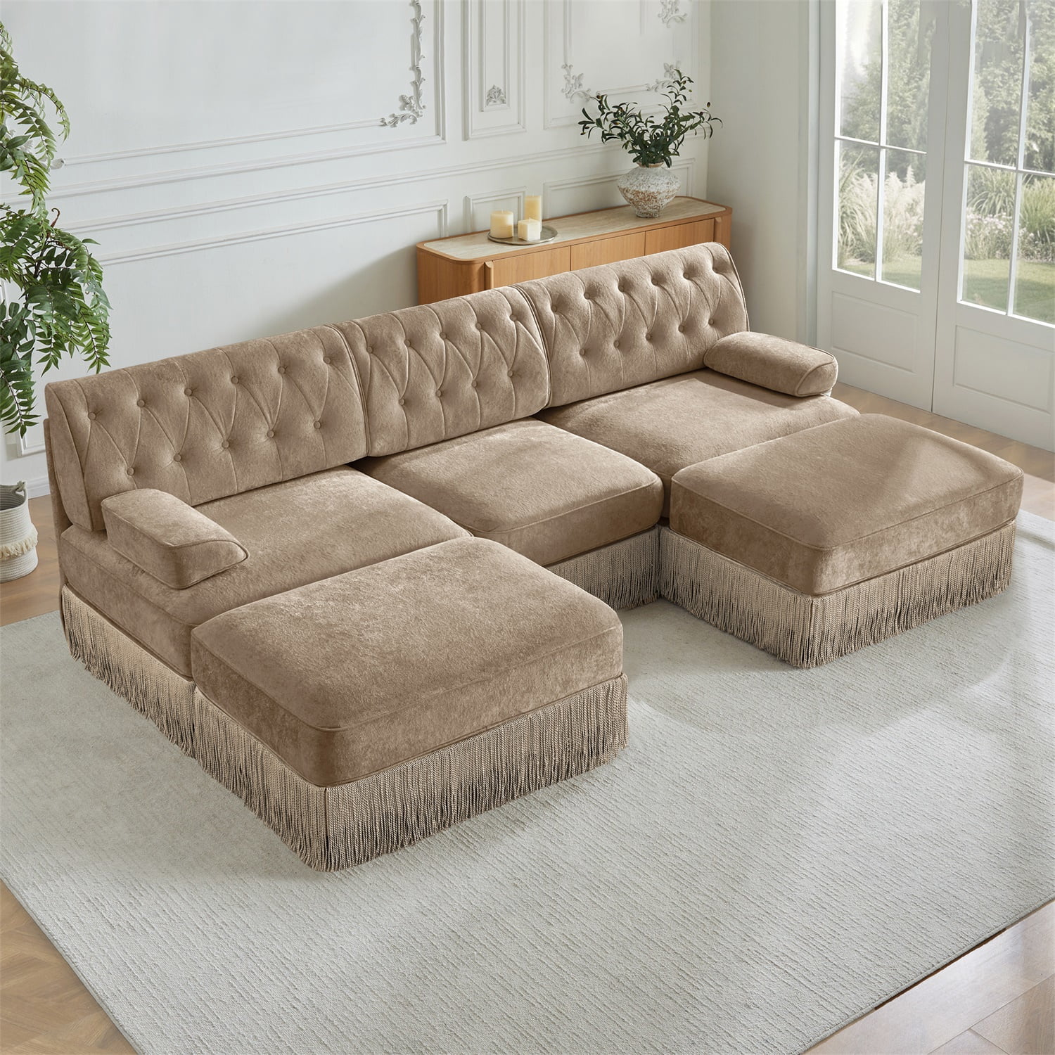 Hommoo 3-Seater Chesterfield Style Velvet Fabric U-Shaped Sectional Sofa with 2 Ottomans, Tufted Button Upholstered Design and Floor-grazing Tassel, Free Combination Sofa Couch Set, for Home, Camel