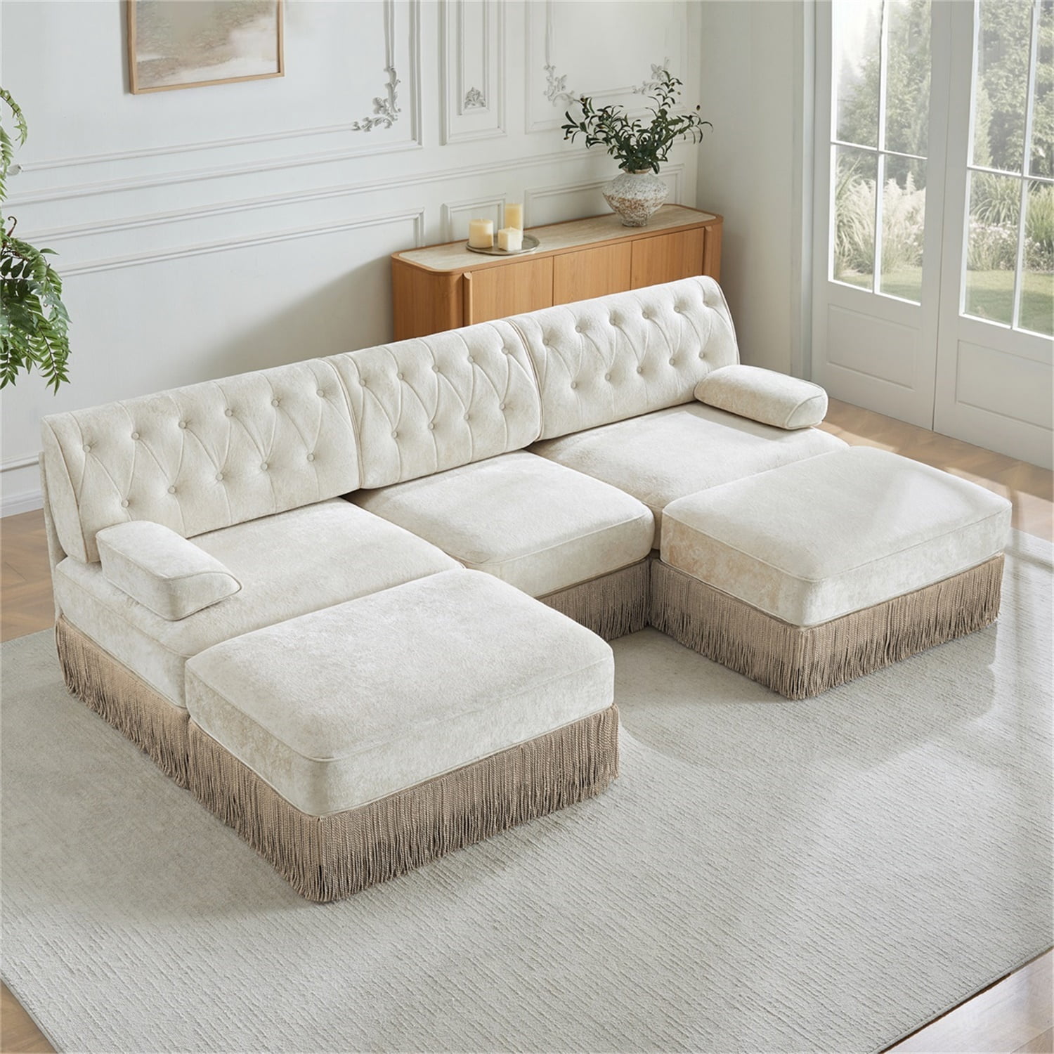 Hommoo 3-Seater Chesterfield Style Velvet Fabric U-Shaped Sectional Sofa with 2 Ottomans, Tufted Button Upholstered Design and Floor-grazing Tassel, Free Combination Sofa Couch Set, for Home, Beige