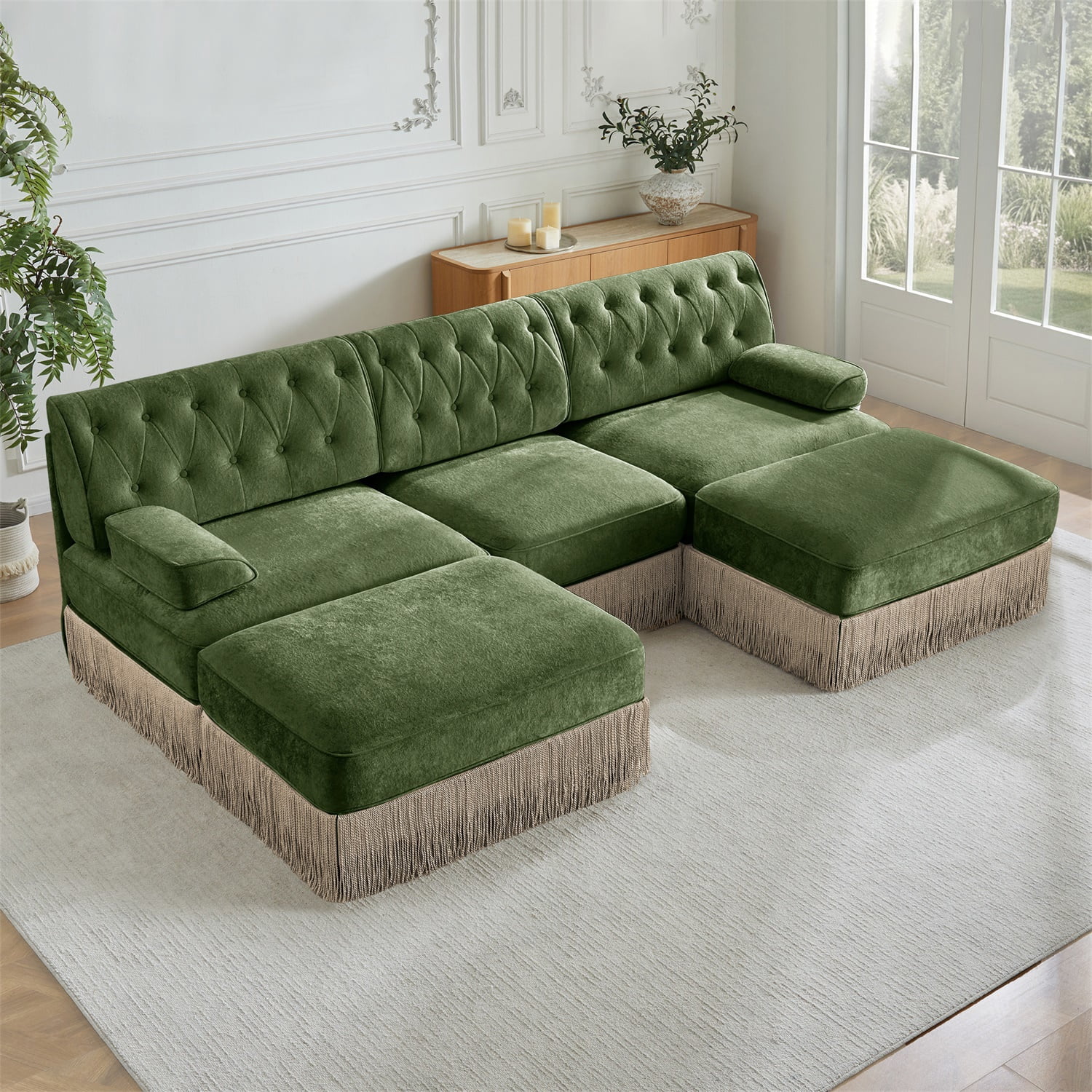 Hommoo 3-Seater Chesterfield Style Velvet Fabric U-Shaped Sectional Sofa with 2 Ottomans, Tufted Button Upholstered Design and Floor-grazing Tassel, Free Combination Sofa Couch Set, for Home, Green