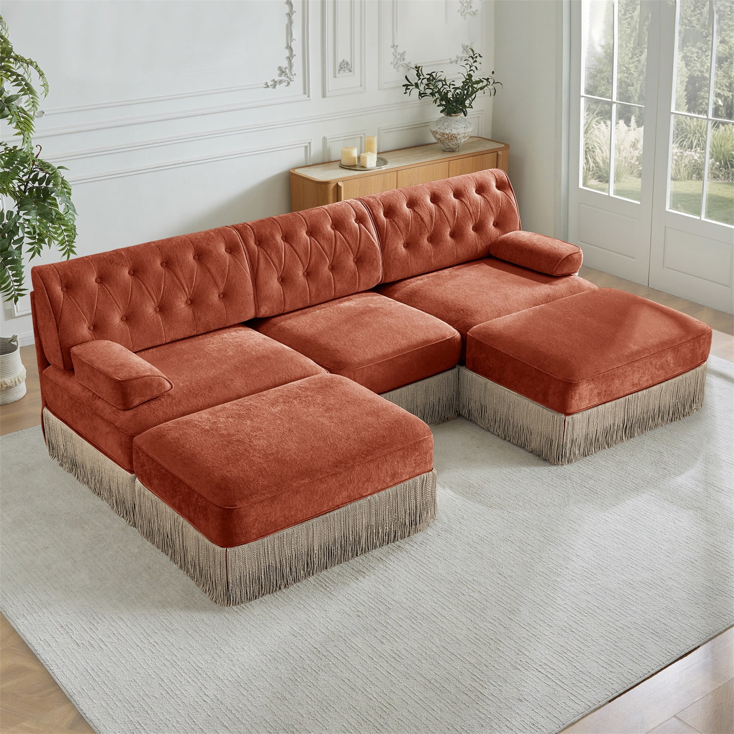 Hommoo 3-Seater Chesterfield Style Velvet Fabric U-Shaped Sectional Sofa with 2 Ottomans, Upholstered Design and Floor-grazing Tassel, Free Combination Sofa Couch Set, for Home, Red Brown