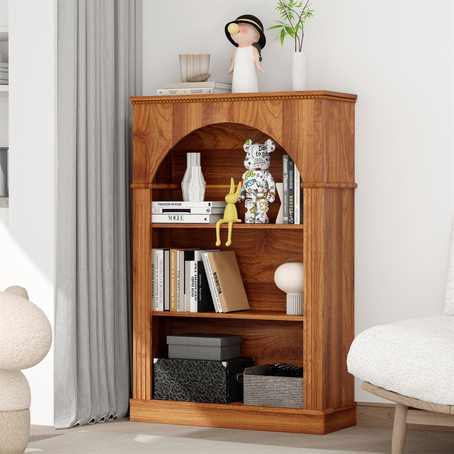 Hommoo 3-Tier Arched Open Bookshelf, Traditional Freestanding Bookcase with Decorative Beaded Trim, Wooden Display Shelf for Entryway, Living Room, Bedroom, Hallway, Walnut