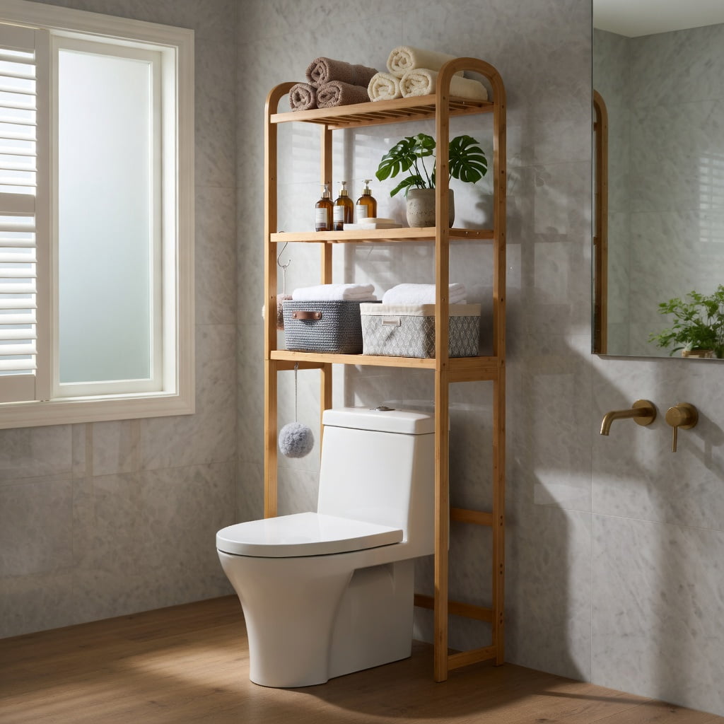 Hommoo 3-Tier Bamboo Over-the-Toilet Storage Organizer, Adjustable 5-Position Shelves, 3 Hooks, Wood Floor Standing Bathroom Shelf with Anti-Tip Kits & Leveling Feet, Natural