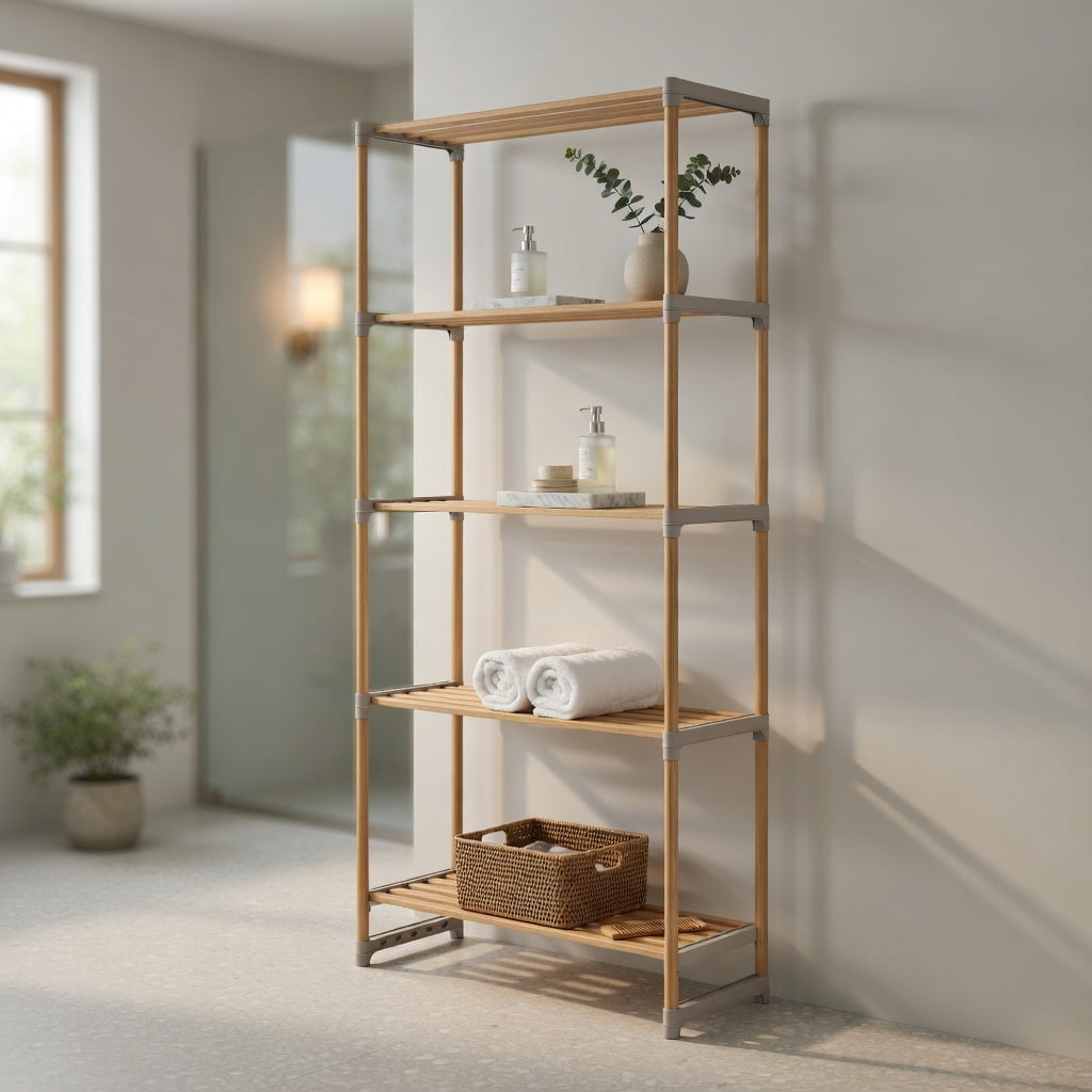 Hommoo 3-Tier Over-the-Toilet Storage Rack, Rustic Pine Wood Bathroom Organizer with Open Shelves, Gray