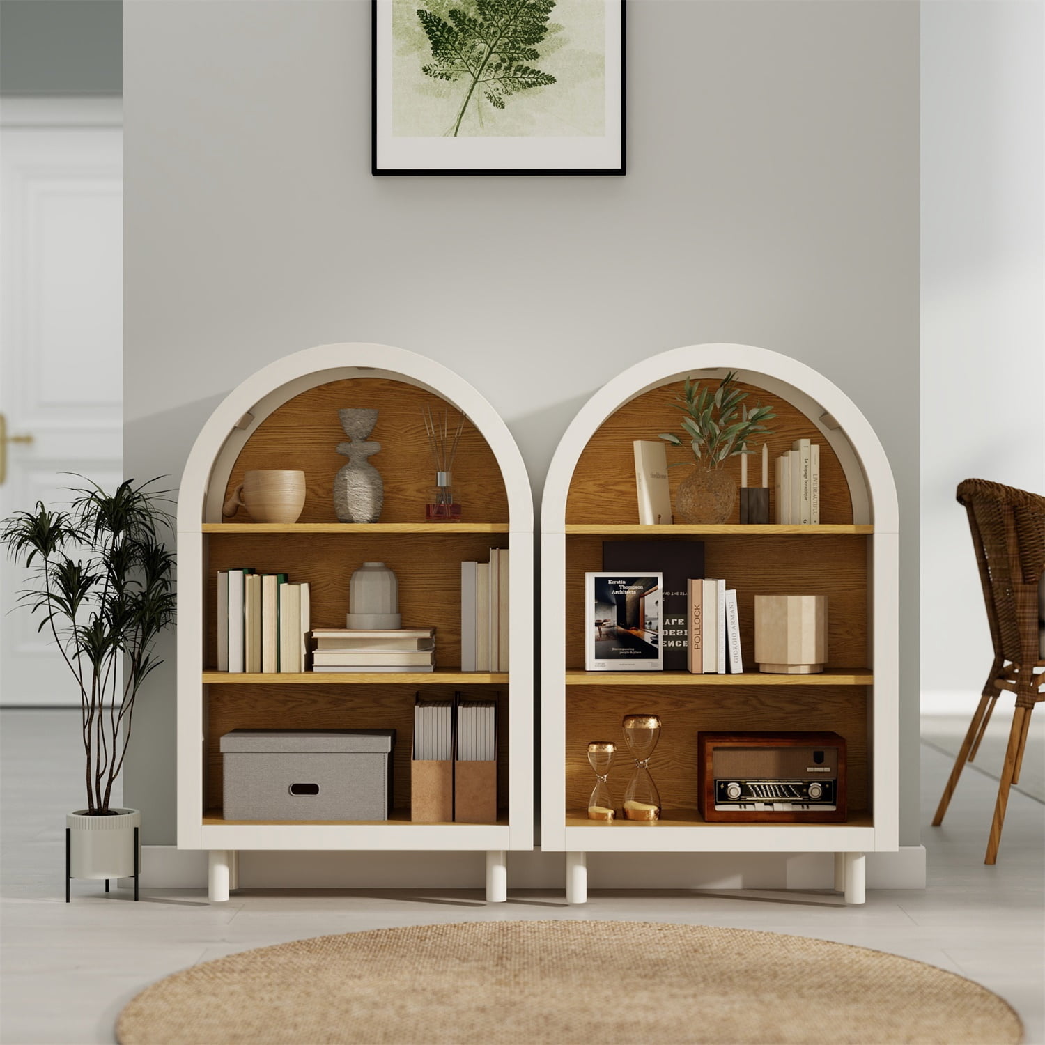 Hommoo 3-Tier Shelves Arched Bookcase Storage Cabinet Set,2 Pcs Wooden Modern 37.4"H Arched Top Bookshelf for Living Room, Bedroom, Entryway, White Oak