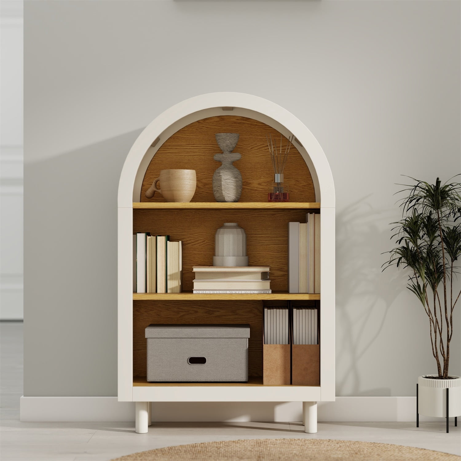 Hommoo 3-Tier Shelves Arched Bookcase Storage Cabinet,Wooden Modern 37.4"H Arched Top Bookshelf for Living Room, Bedroom, Entryway, White Oak