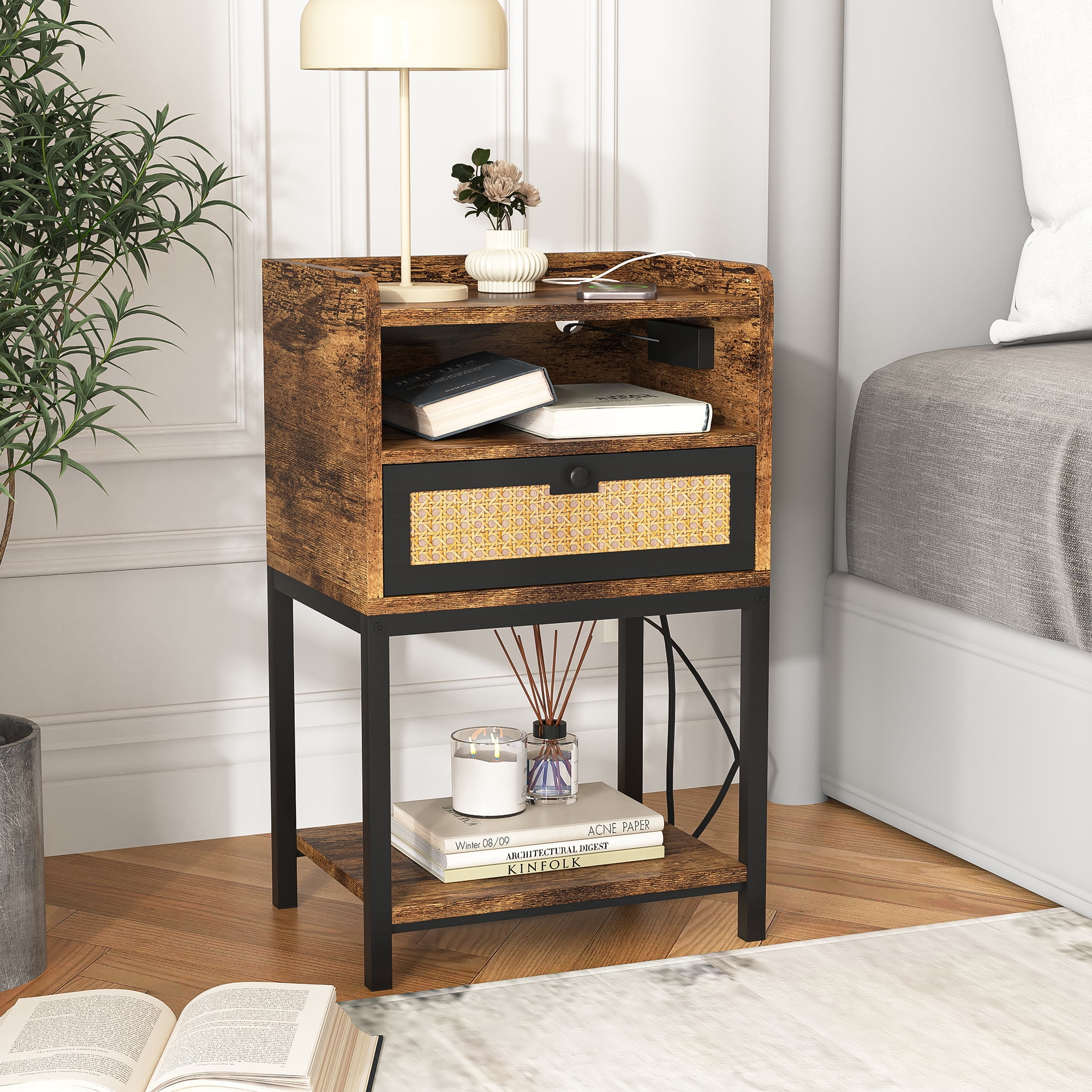 Hommoo 3Tiers Storage Nightstand, Bedside Table with Charging Station