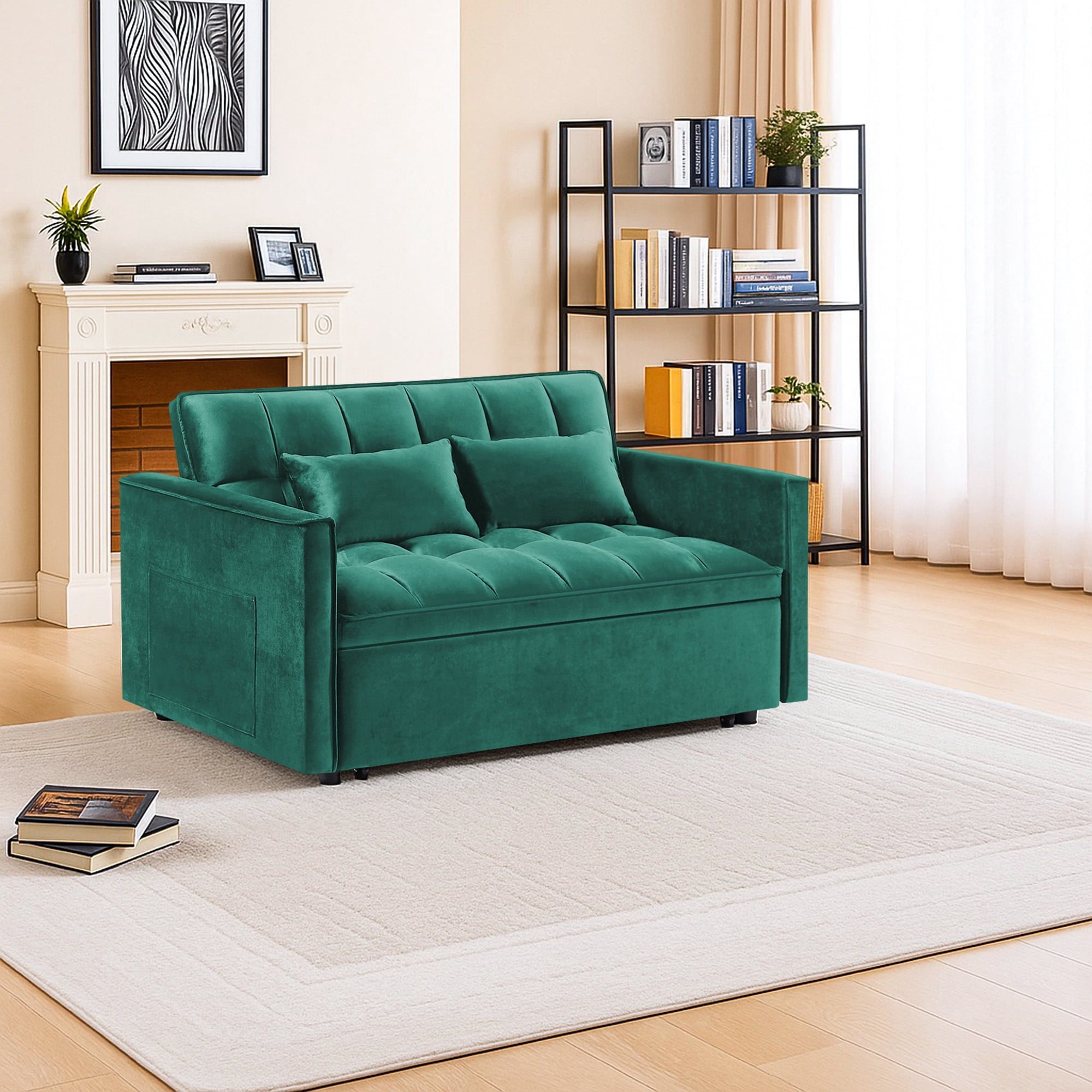 Hommoo 3 in 1 Convertible Pull Out Futon Sofa Bed, Loveseat Sleeper Sofa, Green