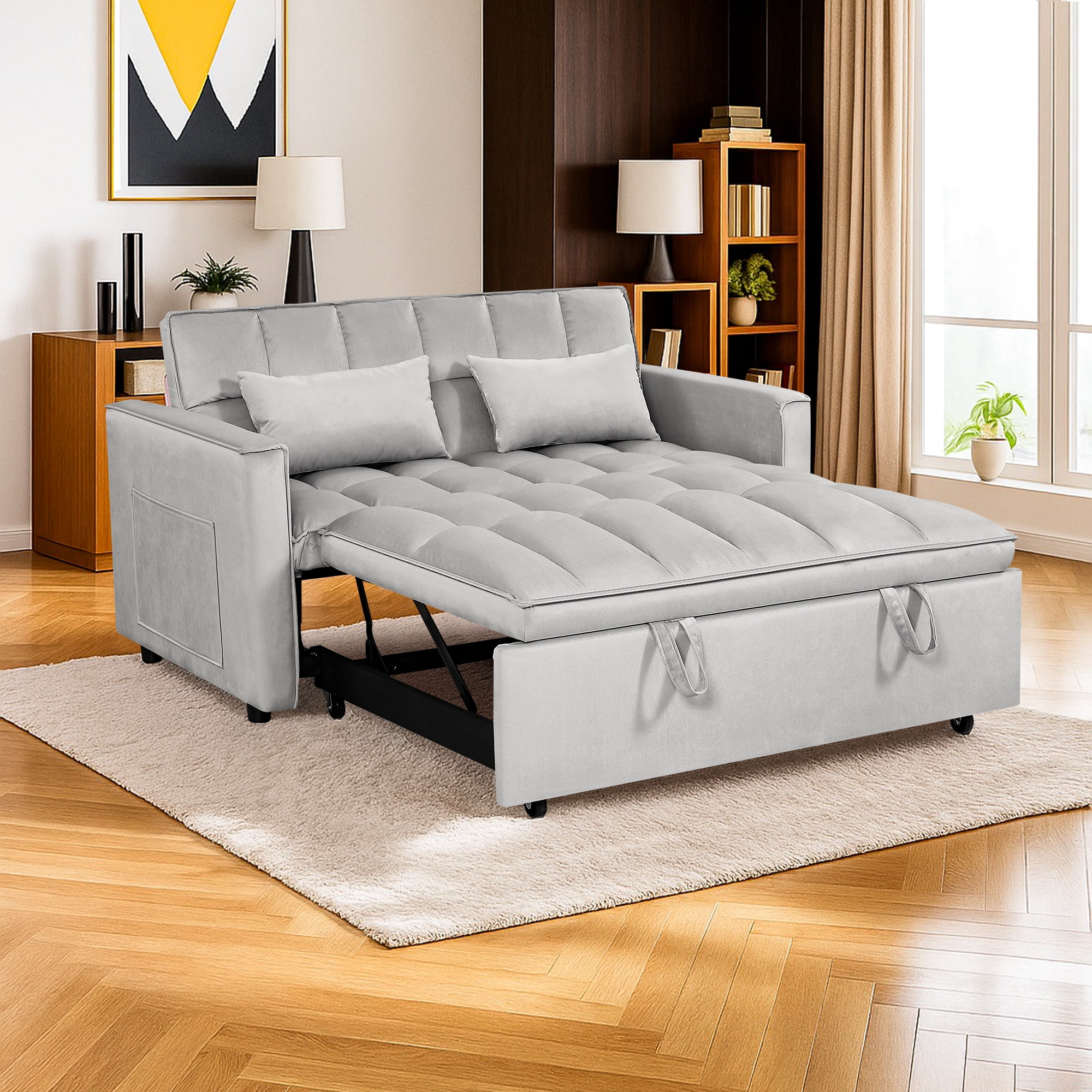 Hommoo 3 in 1 Convertible Pull Out Futon Sofa Bed, Loveseat Sleeper Sofa, Light Gray