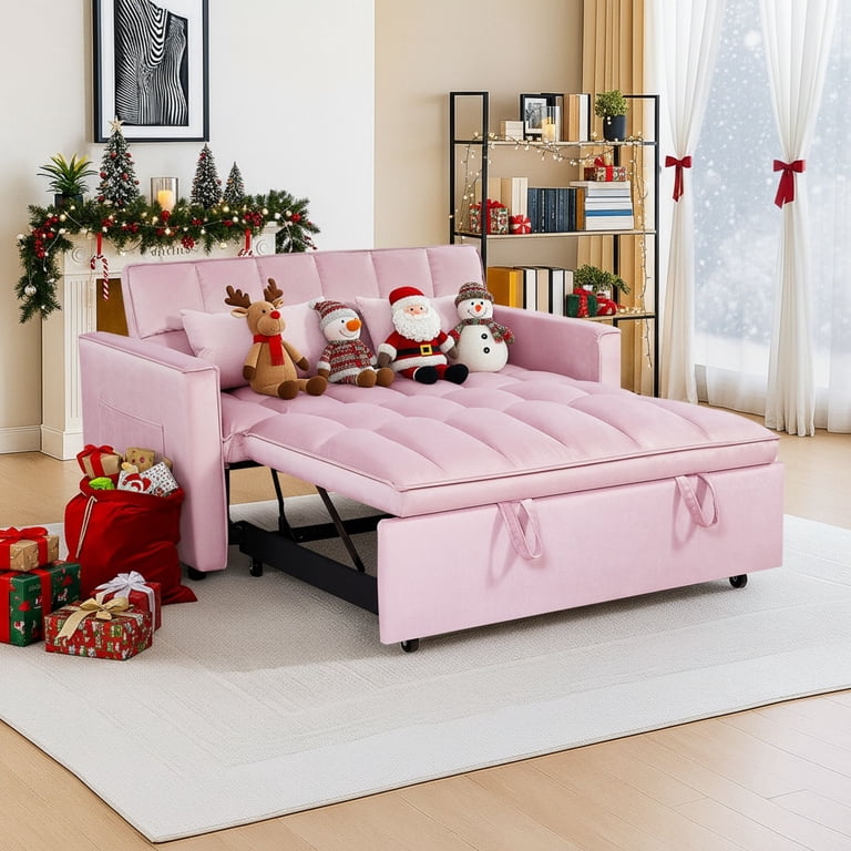 Hommoo 3 in 1 Convertible Pull Out Futon Sofa Bed, Loveseat Sleeper Sofa, Pink, Size: 54 inch x 38 inch x 31 inch