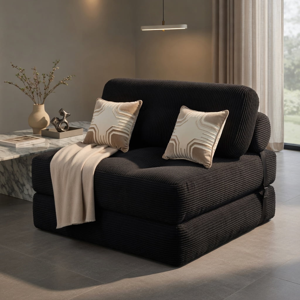 Hommoo 3-in-1 Folding Sofa Bed with Back Support & Pillow, Corduroy Convertible Sleeper for Living Room, Bedroom, Guest Room, Black