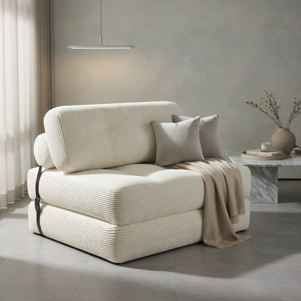 Hommoo 3-in-1 Folding Sofa Bed with Pillow & Back Support, Corduroy Upholstered Convertible Loveseat for Living Room, Guest Room, Beige