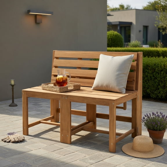 Hommoo 3-in-1 Outdoor Acacia Wood Loveseat Bench, Convertible Table & Chairs Set or Plant Stand, Wooden Garden Seating for Patio, Deck, Backyard, Natural