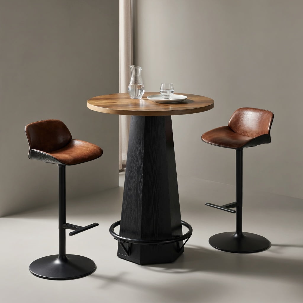 Hommoo 31.5 Inch Round Bar Table with Hexagonal Base & Metal Footrest, Industrial-Style Bistro Pub Cocktail Table for Home Bar, Cafe, or Kitchen Island, Black