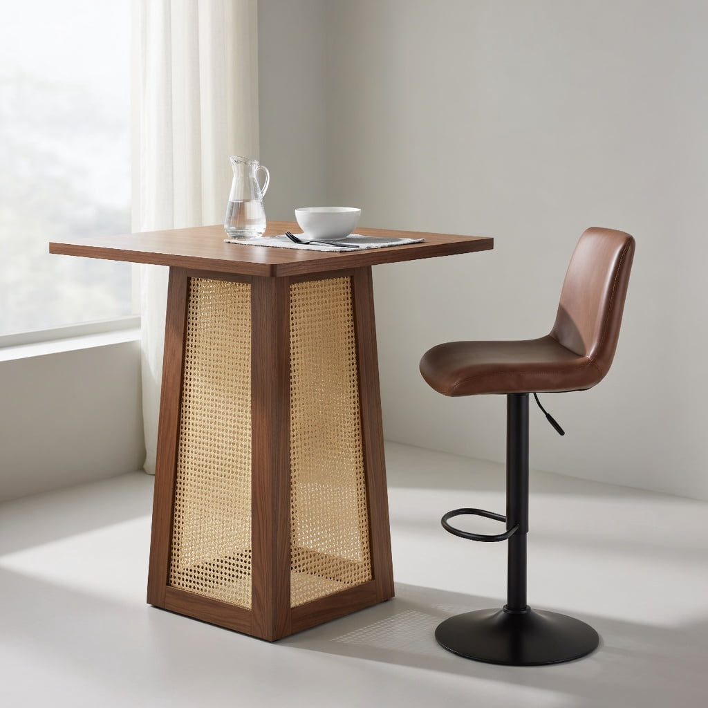 Hommoo 31.5 Inch Square Counter Height Bar Table with Wood Top & Rattan Base, Pedestal Pub Table for Kitchen Island, Breakfast Nook, Small Apartment or Patio, Walnut