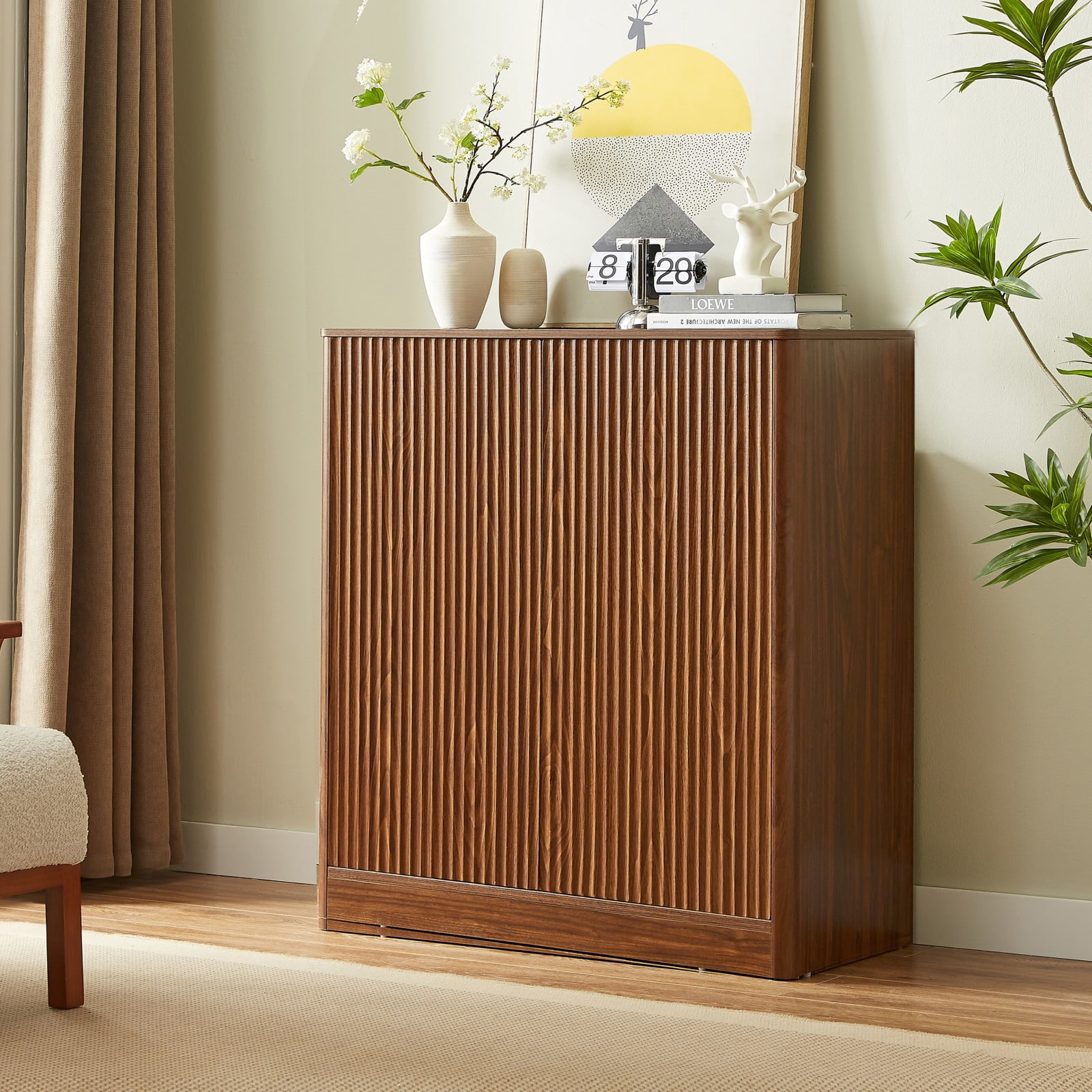 Hommoo 31.5" Modern Wooden Wavy Buffet Sideboard Accent Storage Cabinet, Curved Contour Design Sideboard Buffet Cabinet,Walnut