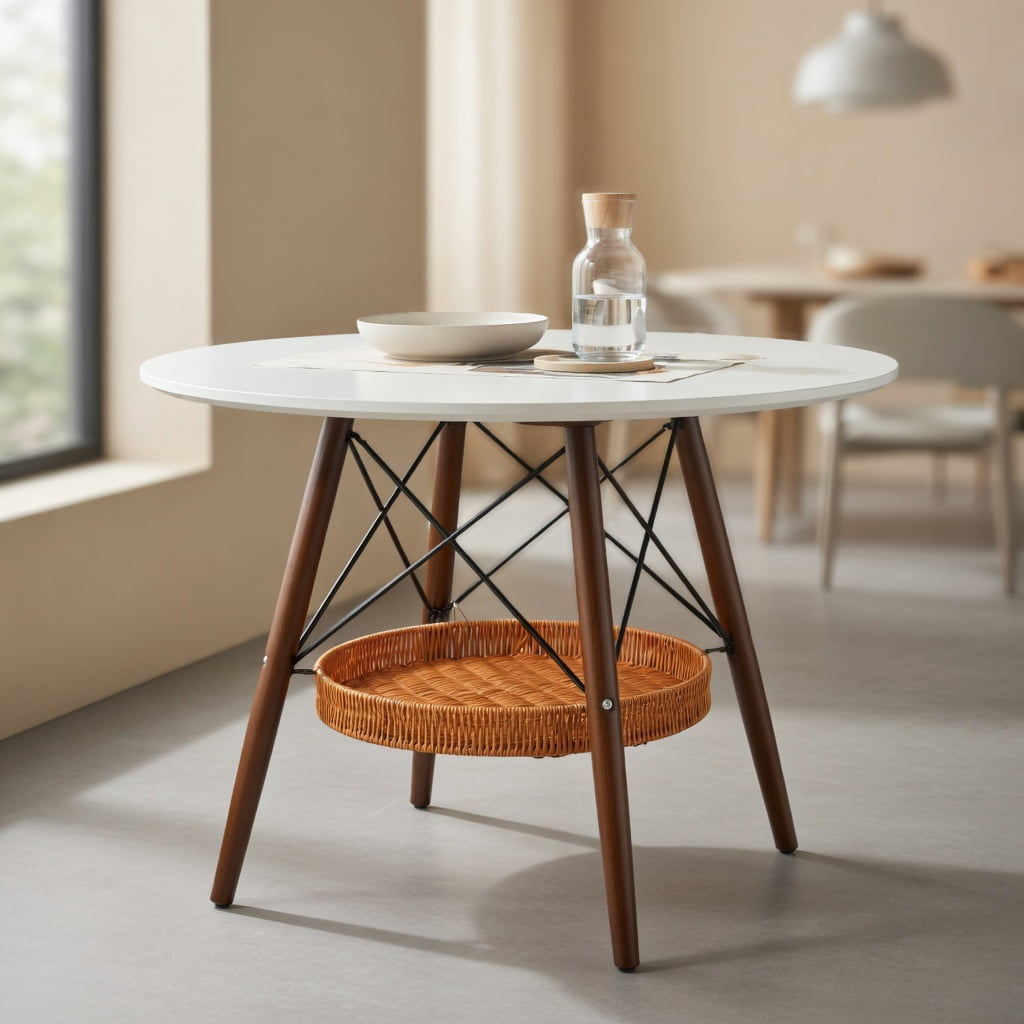 Hommoo 31.5" Round Dining Table with Walnut Solid Wood Legs, White MDF Vacuum-Formed Top & Under-Mount Woven Storage Basket, Modern Nordic Coffee Table for Small Spaces, White & Brown