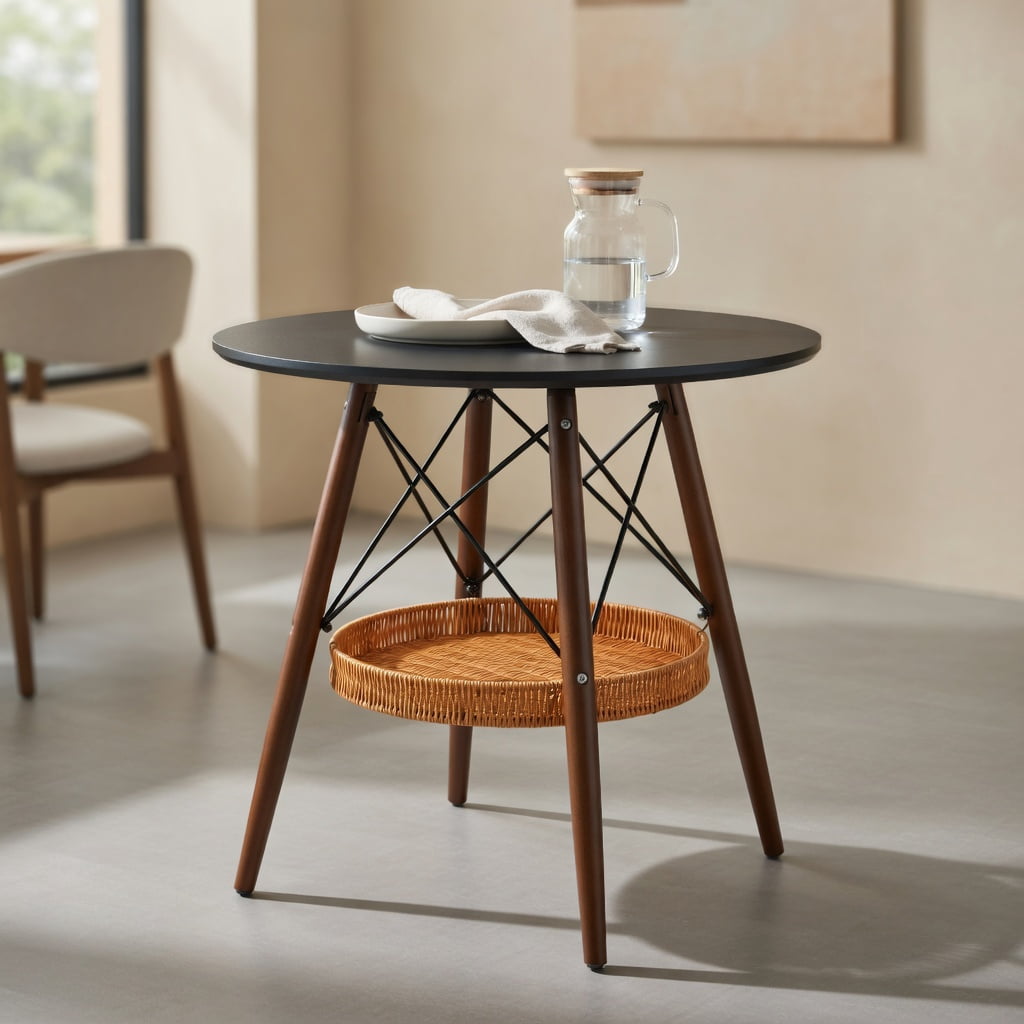 Hommoo 31.5-inch Round Dining Table with Walnut Solid Wood Legs, MDF Vacuum-Formed Top & Hanging Woven Storage Basket, Modern Scandinavian Coffee Table for Small Spaces, Black