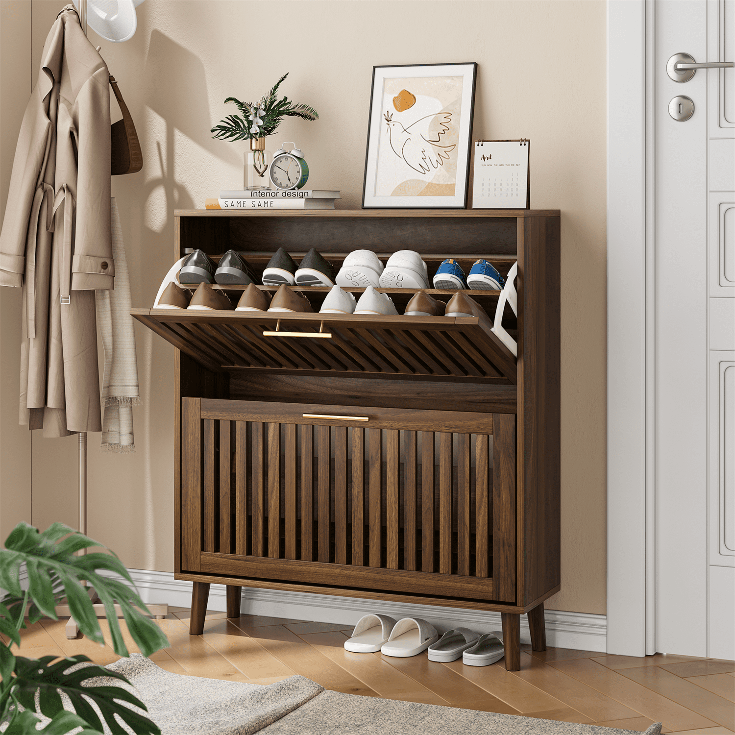Hommoo 31.5-inch Shoe Cabinet, 2 Flip Drawers Freestanding Shoe Cabinet, Suitable for Corridors and Entrances, Walnut