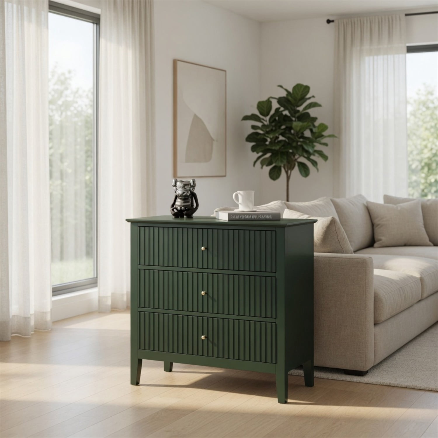 Hommoo 32"W Wooden Fluted 3-Drawer Nightstand, Large Modern Bedroom End Table, Green