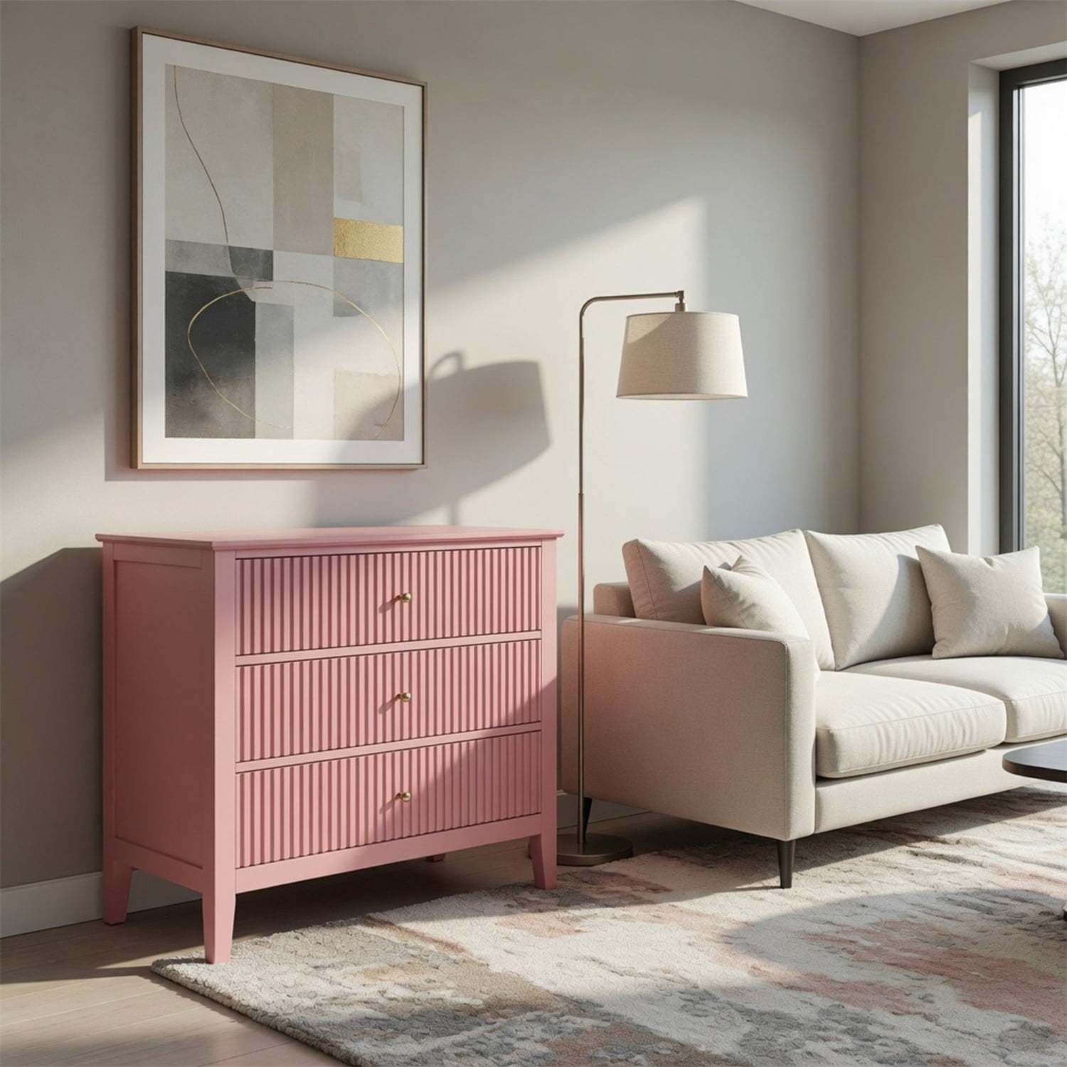 Hommoo 32"W Wooden Fluted 3-Drawer Nightstand, Large Modern Bedroom End Table, Pink