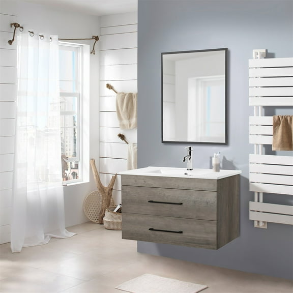 Hommoo 32" Wall-Mounted Bathroom Vanity with Double Drawers, Sink & Mirror, Floating Bathroom Vanity, Gray