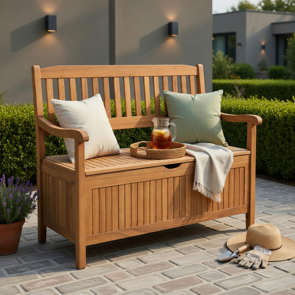 Hommoo 33-Gallon Eucalyptus Wood Outdoor Storage Bench with Liner, Patio, Garden & Porch Seating, Natural