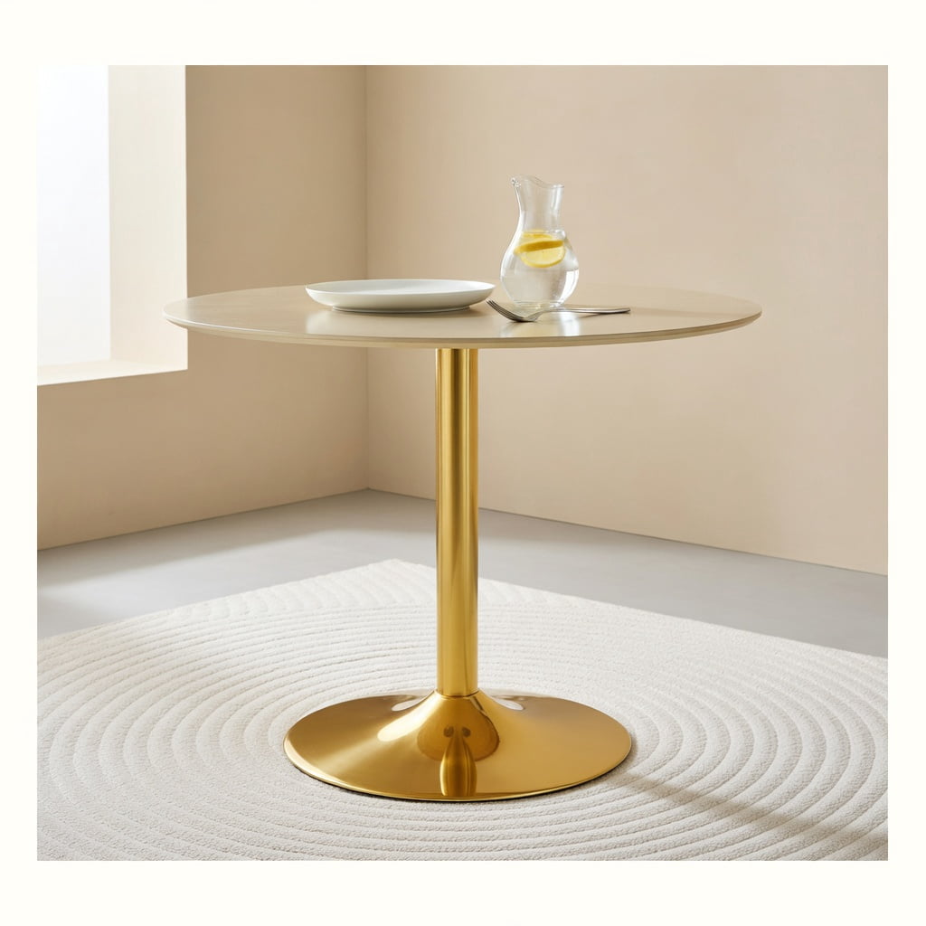 Hommoo 35 Inch Round Glass Dining Table with Metal Base, Light Luxury Brown Ring Top Coffee Table for Small Spaces (2-4 People), Gold