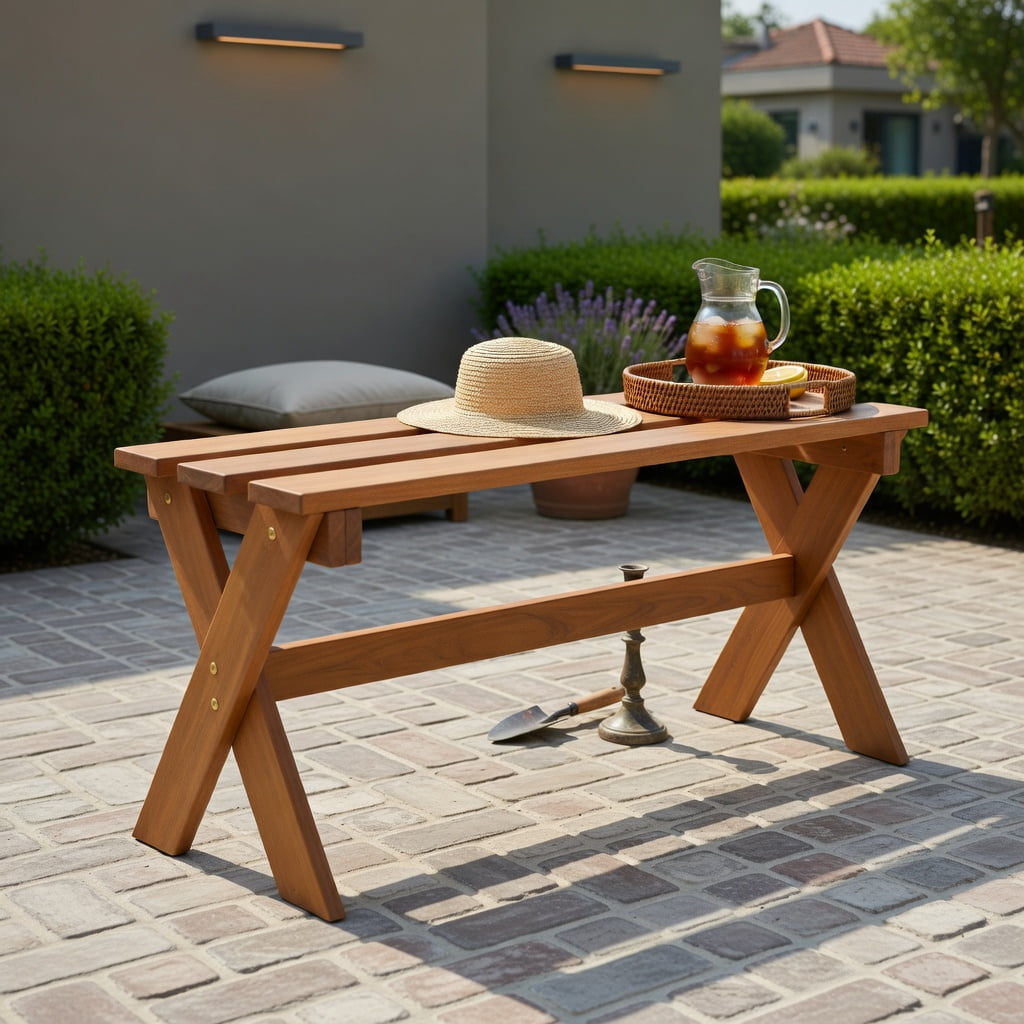 Hommoo 36" Solid Hardwood Outdoor Patio Bench, Backless Teak Oil Finished Dining Bench for Garden, Porch & Entryway, Natural
