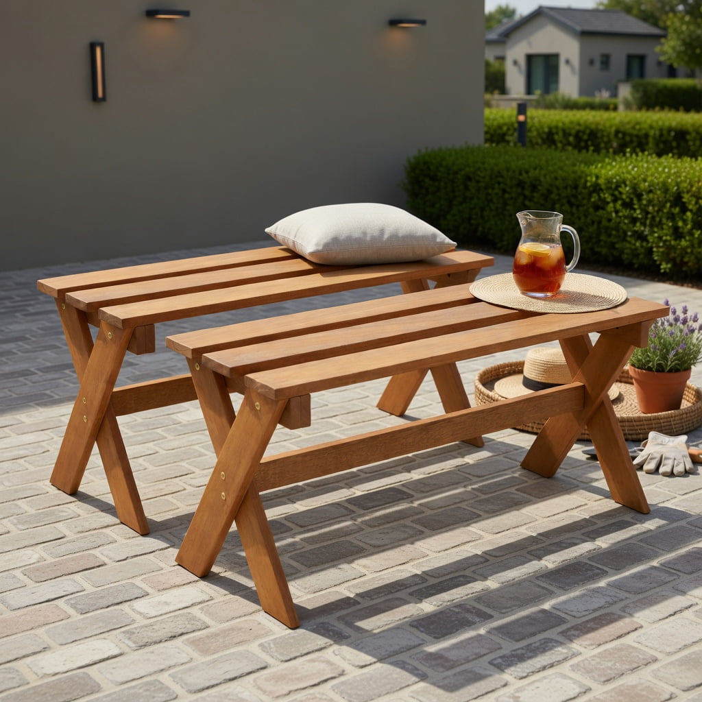 Hommoo 36" Solid Hardwood Outdoor Patio Bench Set of 2, Backless Teak-Oil Finished Dining Benches for Garden, Porch & Deck, Natural