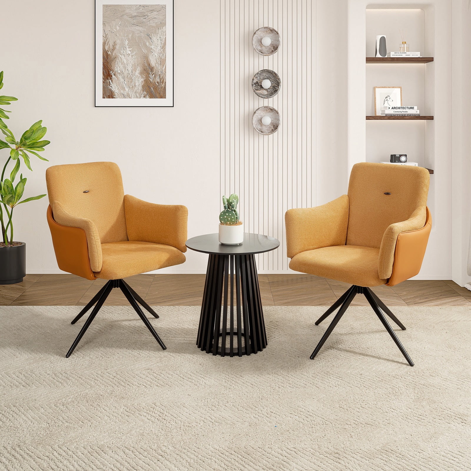 Hommoo 360° Swivel Accent Chair Set of 2, Modern Linen Upholstered Armchair with Metal Base, for Home & Office, Orange