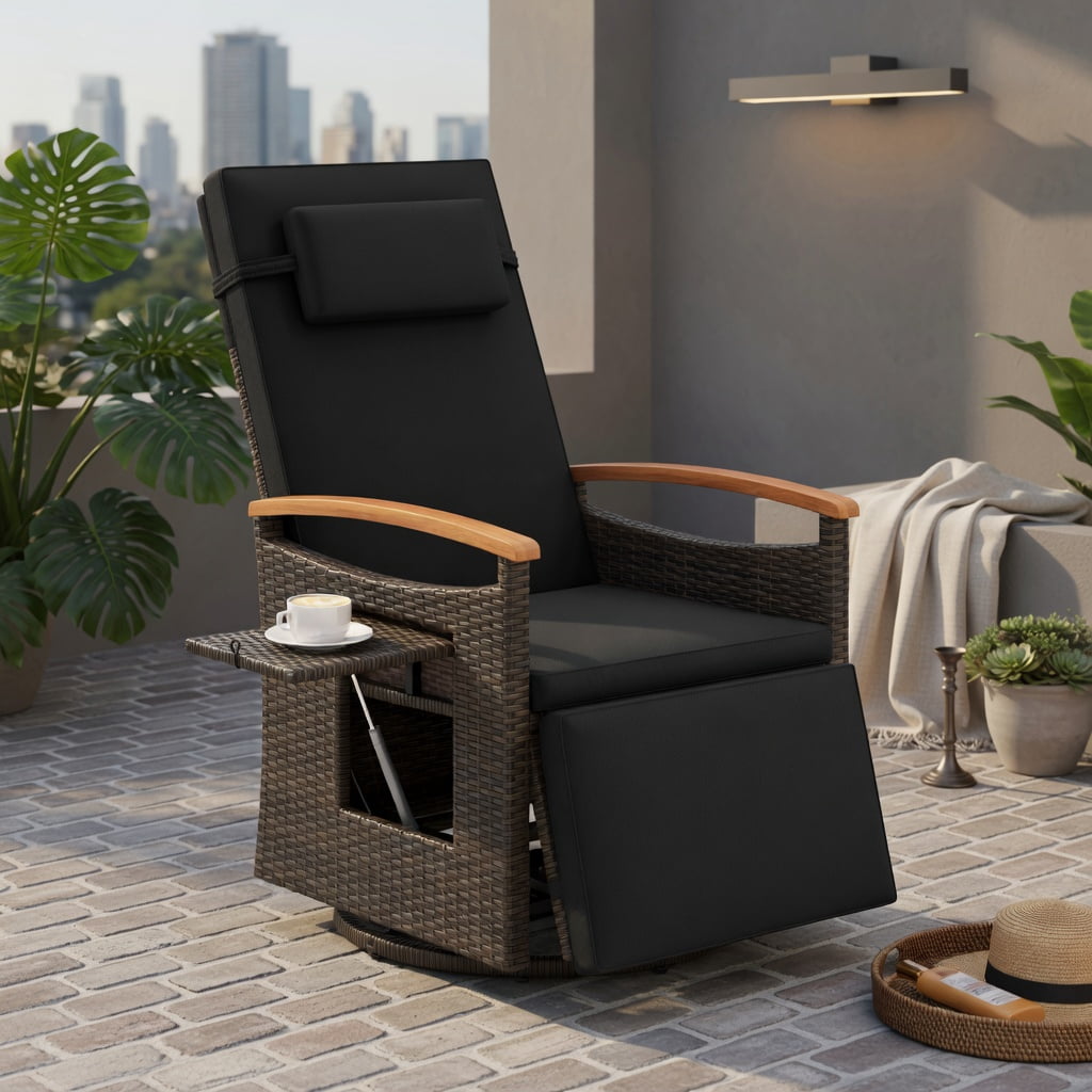 Hommoo 360° Swivel Outdoor Recliner Chair with Adjustable Backrest & Footrest, PE Rattan Patio Seating for Backyard, Porch, Poolside, Black