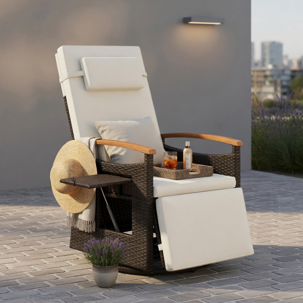 Hommoo 360° Swivel Outdoor Recliner Chair with Adjustable Backrest & Footrest, PE Rattan Patio Seating for Backyard, Porch, Poolside, White