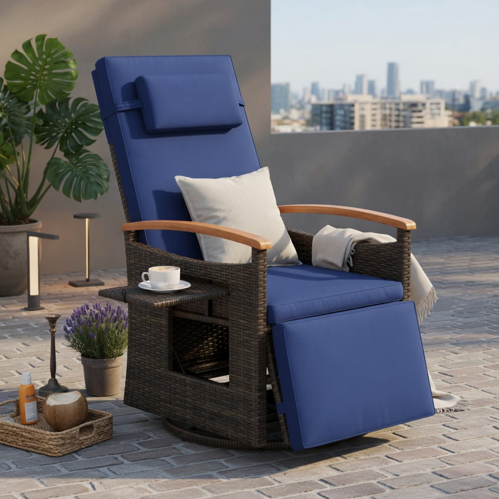 Hommoo 360° Swivel Rattan Recliner Chair with Adjustable Backrest & Footrest, Cushion, PE Wicker, Acacia Wood Frame, Outdoor Patio Lounge Chair, Navy