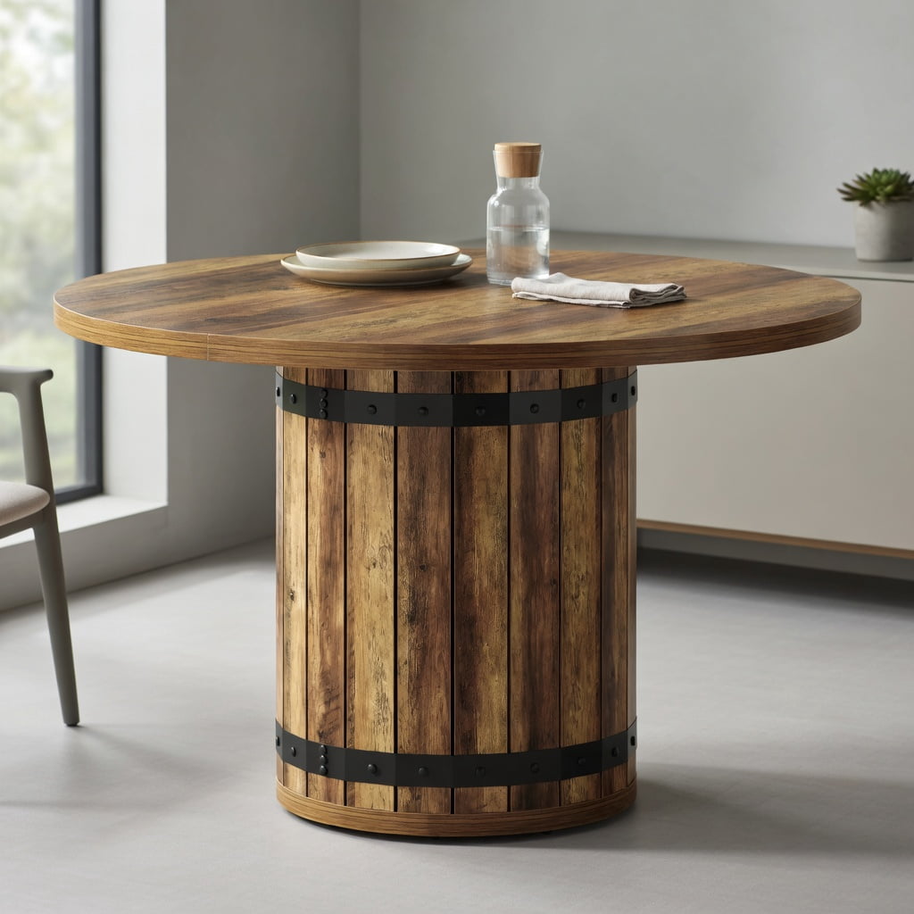 Hommoo 39.37 in Round Dining Table for 4, Farmhouse Kitchen Table with Fence Pedestal Base, MDF Construction, Easy Assembly, Rustic Brown