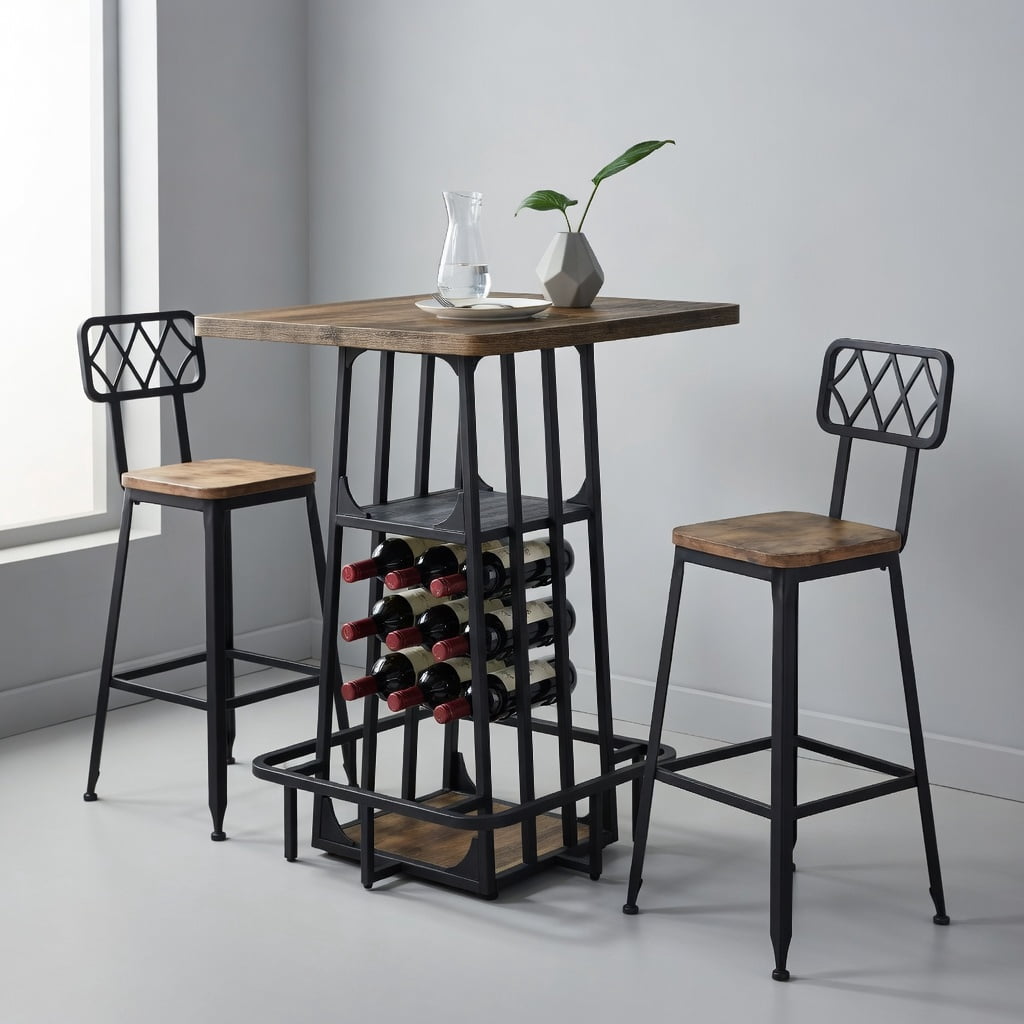 Hommoo 39.4 Inch Industrial Bar Table with 3-Tier Storage, Wine Rack, Glass Holder, Built-in Footrest, Counter Height Pub Table for Home Bar, Coffee Station or Standing Desk, Rustic Brown