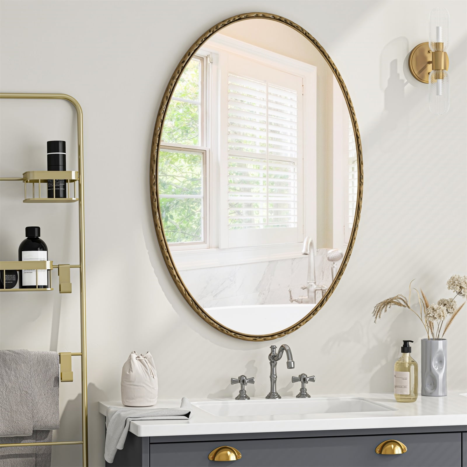 Hommoo 39"x 25" Bathroom Vanity Iron Art Oval Mirror Wall Mounted Mirror, Gold