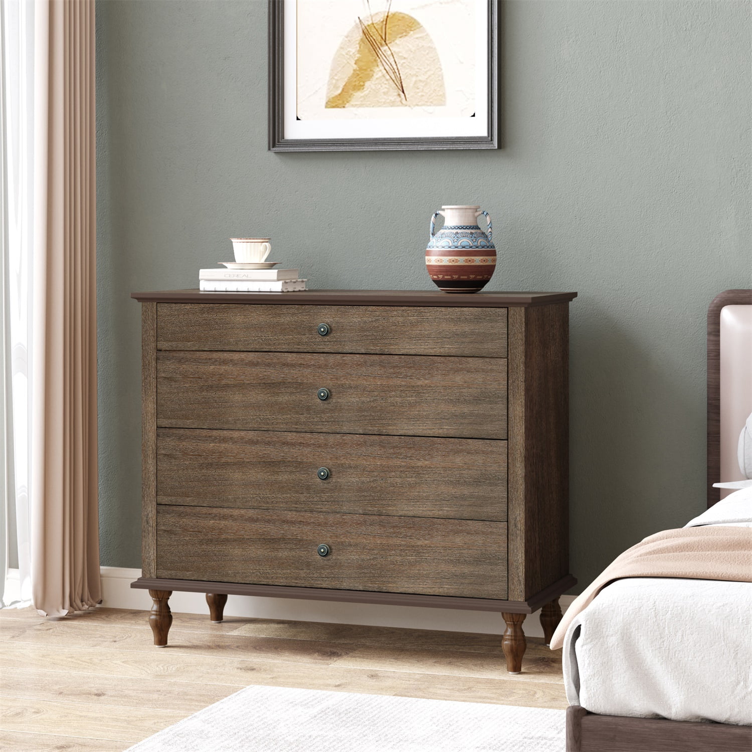 Hommoo 4-Drawer Antique Wooden Dresser with Brushed Rustic Brown Finish, Solid Wood Feet & Metal Knobs, Bedroom or Nursery Chest with Anti-Tip Kit, Rustic Brown
