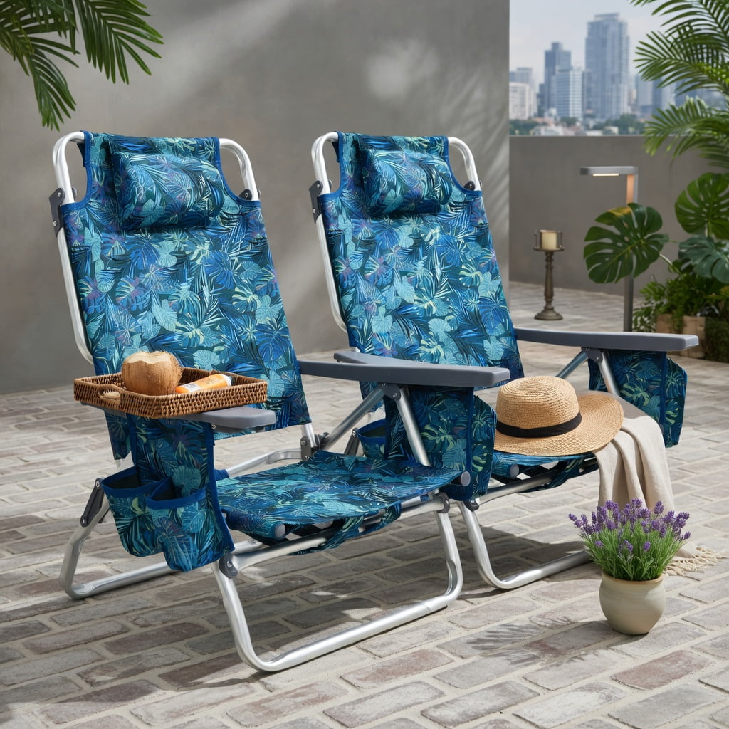 Hommoo 4-Pack Adjustable 5-Position Folding Beach Chair Set with Pillow, Aluminum Frame, Navy